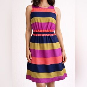 LOFT Sleeveless Midi Dress in Navy, Fuchsia, Coral & Mustard Stripes